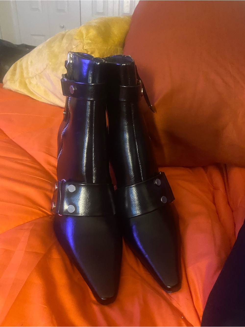 Black Pointed Leather Ankle Boots with Studded Strap